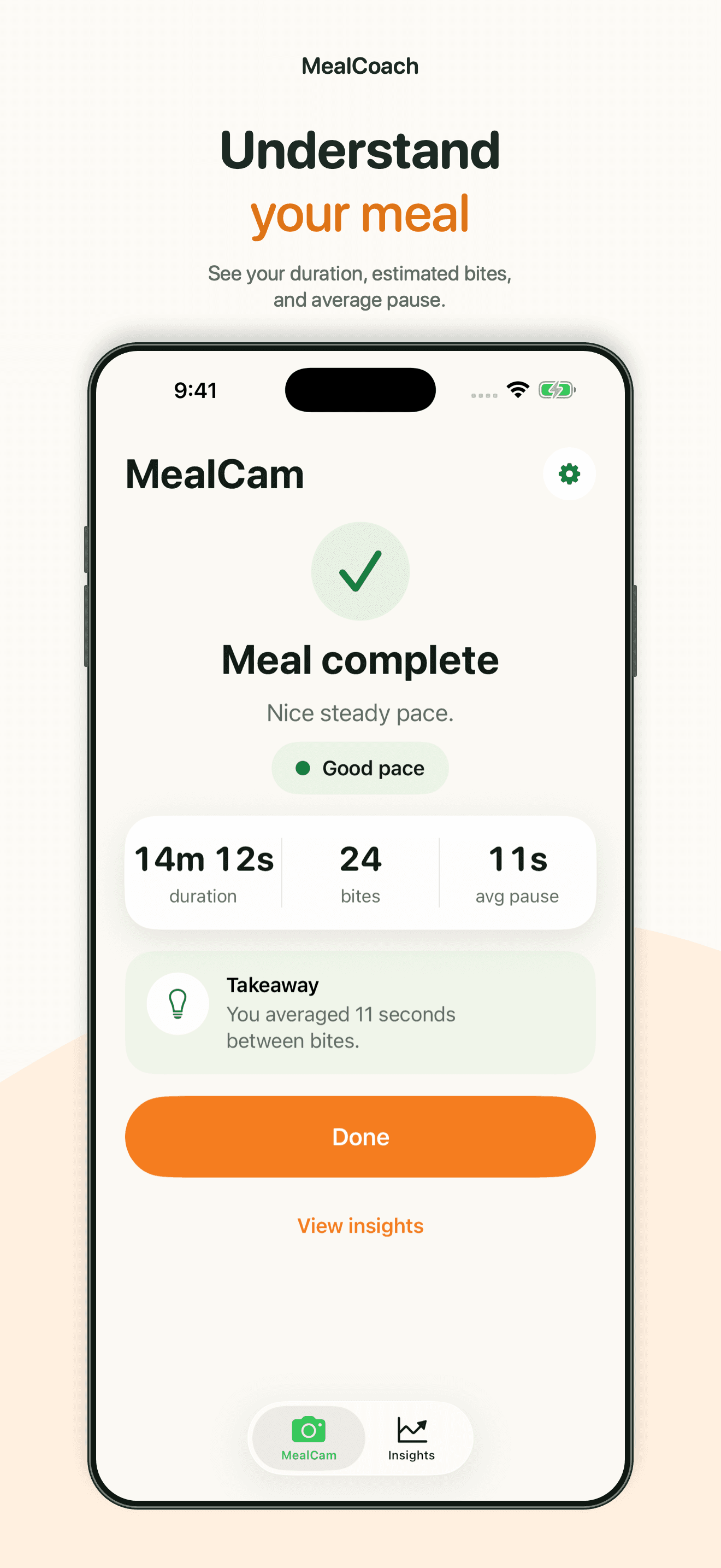 Complete MealCam meal summary with duration, estimated bites, average pause, and Done button