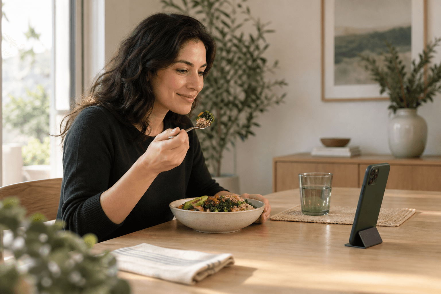 A woman enjoying a meal with her phone standing on the table, front camera facing her